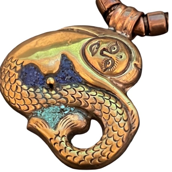 Antique Victorian Turkish Bronze Work w Turquoise Stone Beaded Mermaid Necklace - Picture 5 of 11